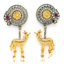Oxidised Gold Plated Dual Toned Deer Shaped Pearl Beaded Drop Earrings