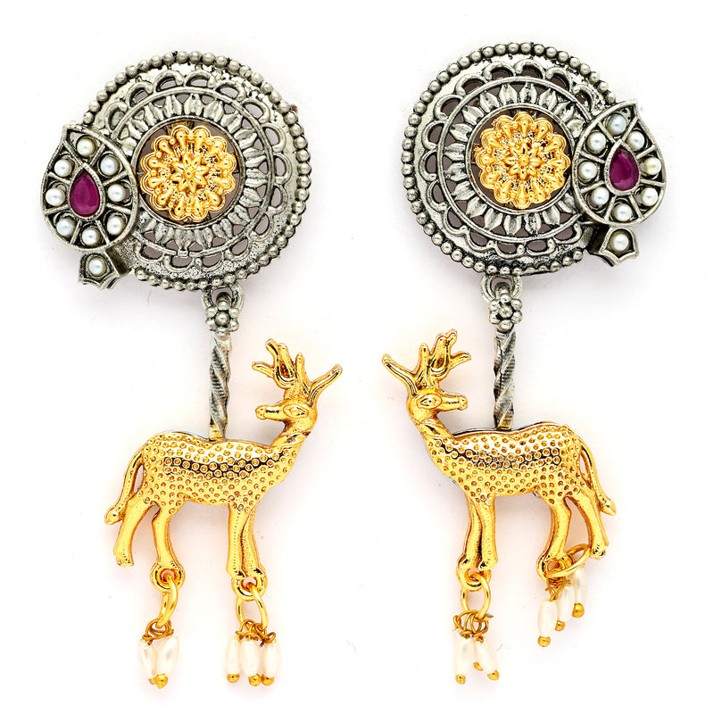 Oxidised Gold Plated Dual Toned Deer Shaped Pearl Beaded Drop Earrings