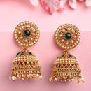 Traditional Gold Plated Green CZ Studded Pearl Beaded Jhumka Earrings