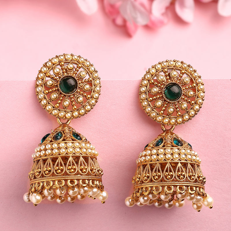 Traditional Gold Plated Green CZ Studded Pearl Beaded Jhumka Earrings