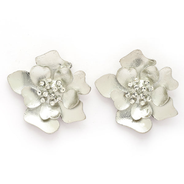 Rhodium Plated Silver Toned Floral Shaped Cubic Zirconia Studded Earrings