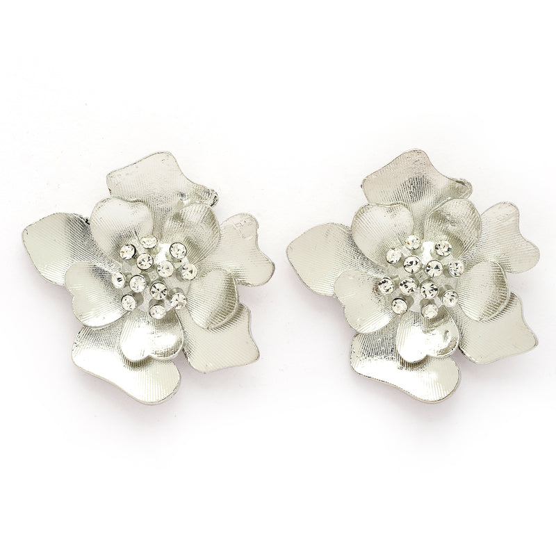 Rhodium Plated Silver Toned Floral Shaped Cubic Zirconia Studded Earrings