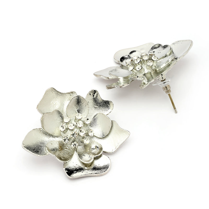 Rhodium Plated Silver Toned Floral Shaped Cubic Zirconia Studded Earrings