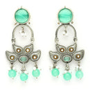Oxidised Floral Shaped Mint Green CZ Studded And Pearl Beaded Dangler Earrings