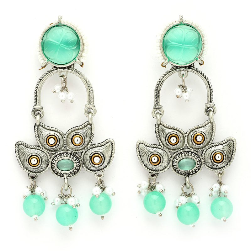 Oxidised Floral Shaped Mint Green CZ Studded And Pearl Beaded Dangler Earrings