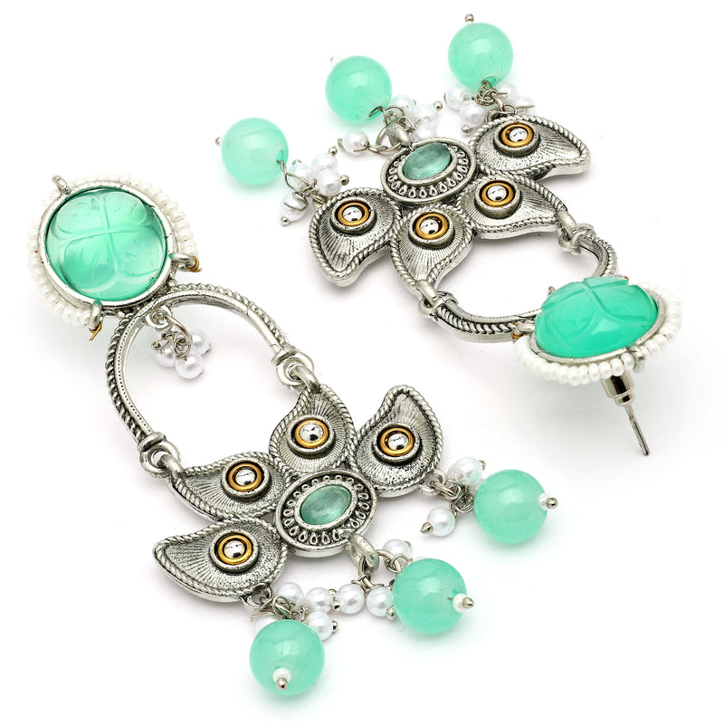 Oxidised Floral Shaped Mint Green CZ Studded And Pearl Beaded Dangler Earrings