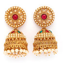 Traditional Gold Plated Red & Green CZ Studded Pearl Beaded Jhumka Earrings
