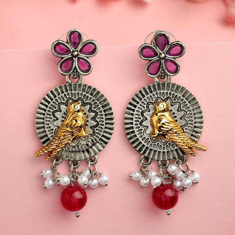 Oxidised Gold Plated Bird Shaped Pink CZ Studded Pearl Beaded Earrings