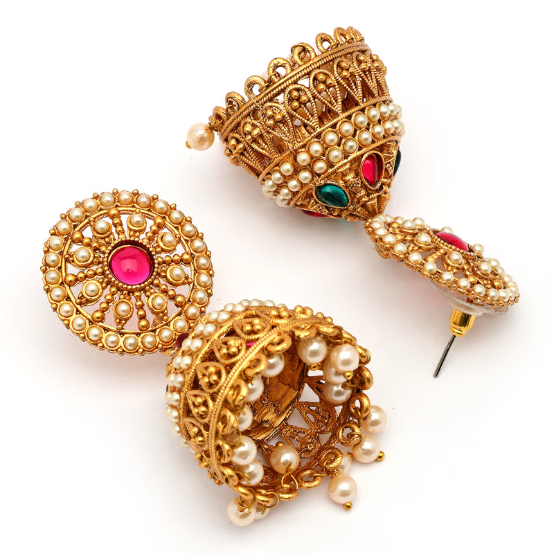 Traditional Gold Plated Red & Green CZ Studded Pearl Beaded Jhumka Earrings