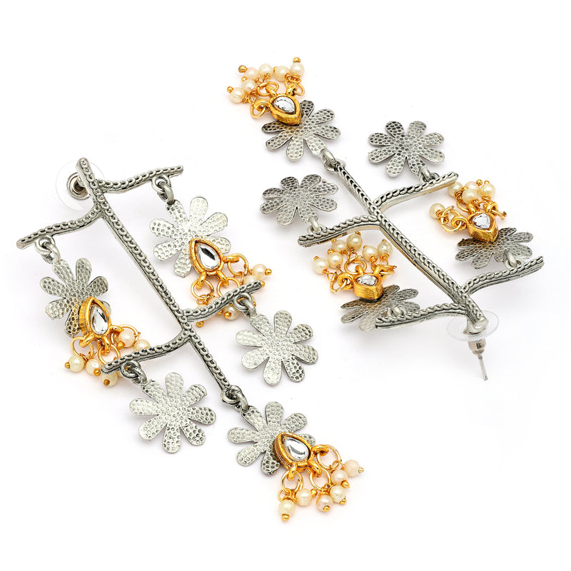 Oxidised Dual Toned Floral Shaped Pearl Beaded Dangler Earrings