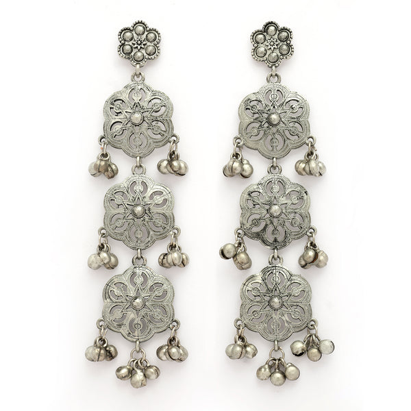 Oxidised Silver Toned Floral Shaped Dangler Earrings