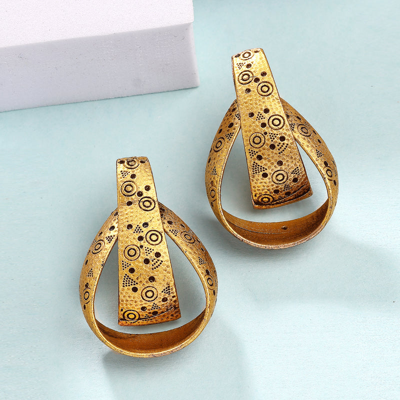 Gold Plated Unique Engraved Design Tribal Style Drop Earrings