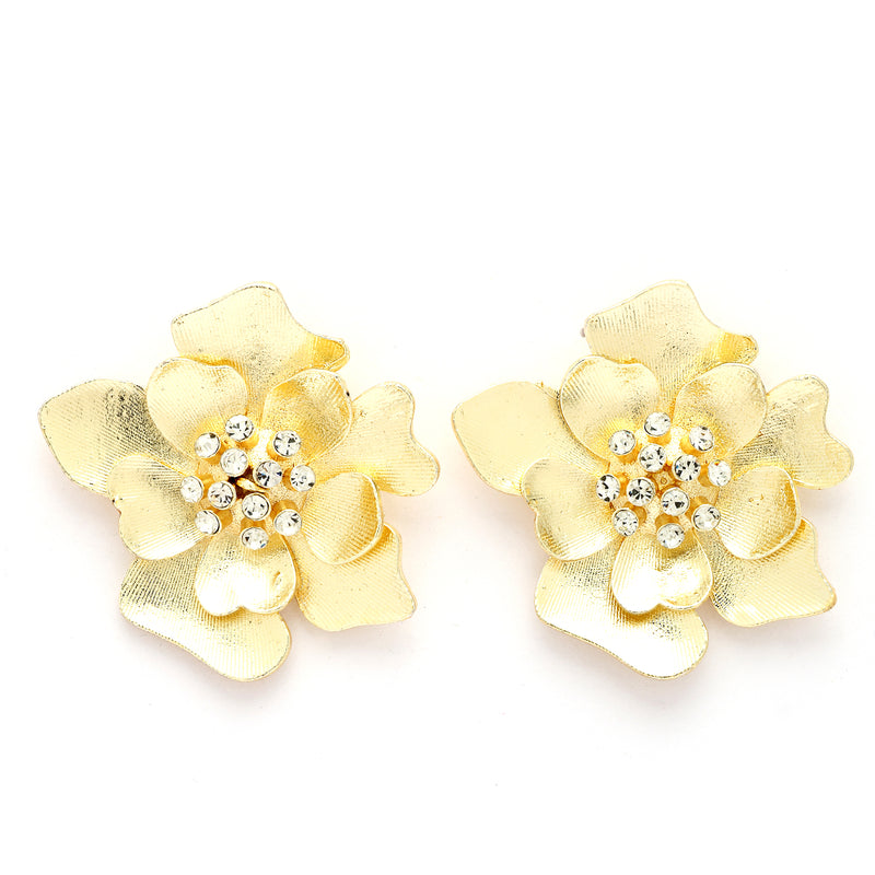 Gold Plated Floral Shaped White Cubic Zirconia Studded Earrings