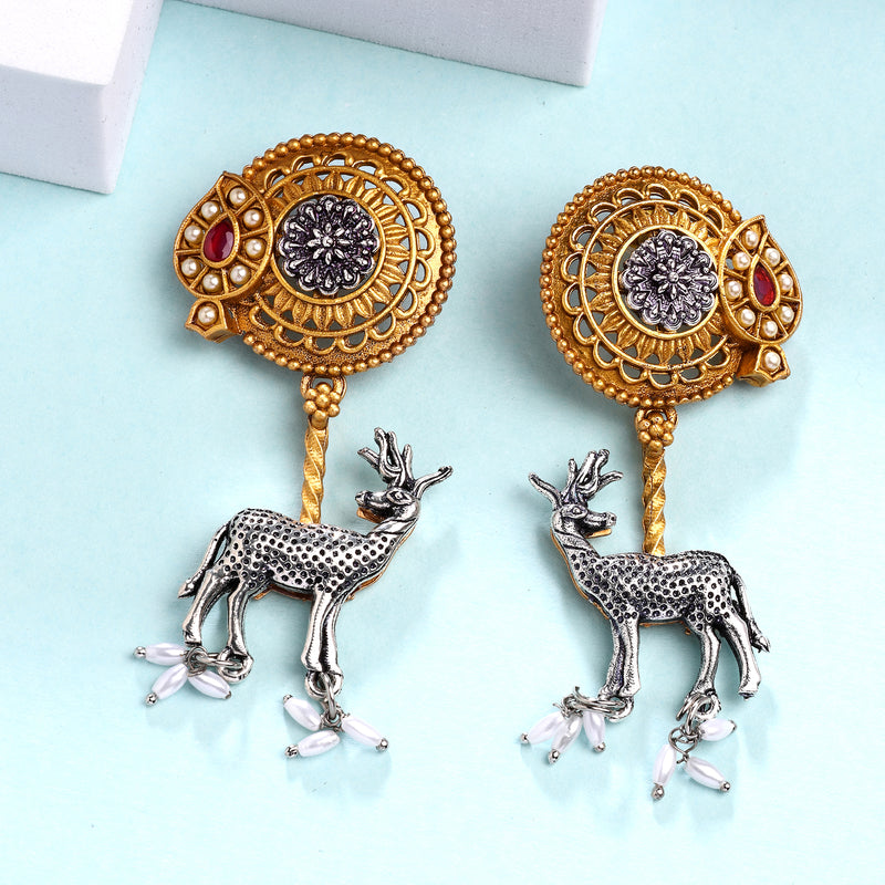 Oxidised Gold Plated Dual Toned Deer Shaped Pearl Beaded Drop Earrings