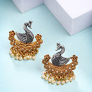 Oxidized Gold Plated Dual Toned Swan Shaped White Pearl Studded Earrings