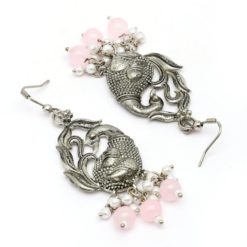 Oxidised Silver Toned Peacock Style Pink Pearl Studded Earrings