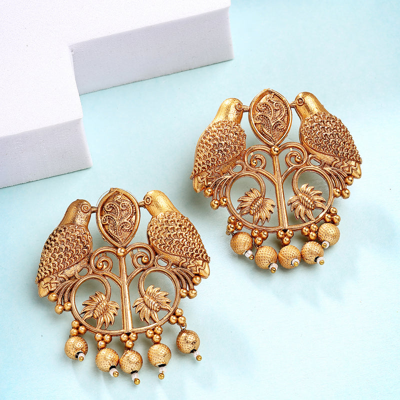 Traditional Gold Plated Bird Shaped Pearl Beaded Earrings