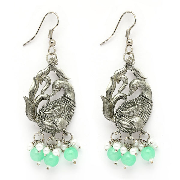Oxidised Silver Toned Peacock Style Sea Green Pearl Studded Earrings
