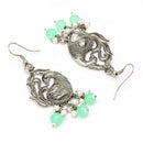 Oxidised Silver Toned Peacock Style Sea Green Pearl Studded Earrings