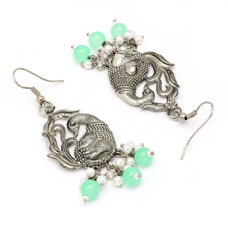 Oxidised Silver Toned Peacock Style Sea Green Pearl Studded Earrings