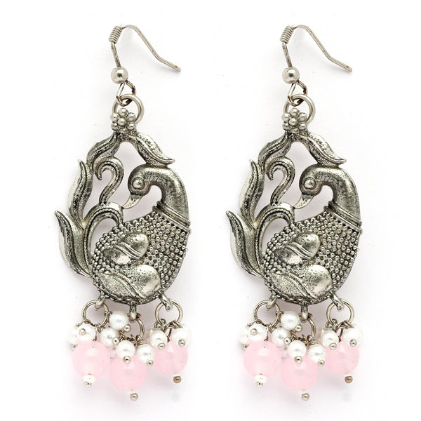 Oxidised Silver Toned Peacock Style Pink Pearl Studded Earrings