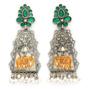 Oxidised Silver Plated Elephant Shaped Pearl Beaded Dangler Earrings