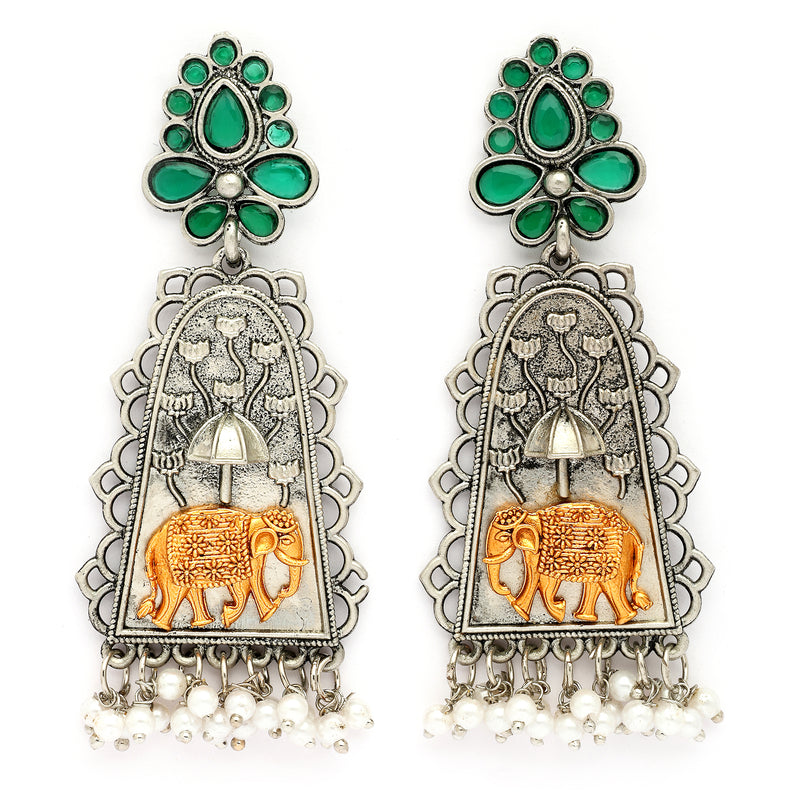Oxidised Silver Plated Elephant Shaped Pearl Beaded Dangler Earrings