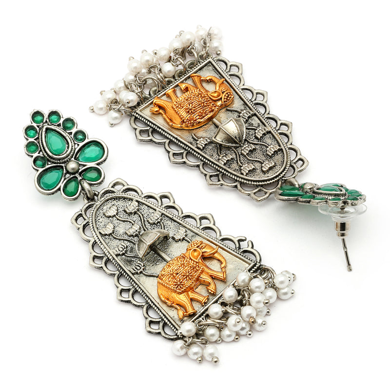 Oxidised Silver Plated Elephant Shaped Pearl Beaded Dangler Earrings