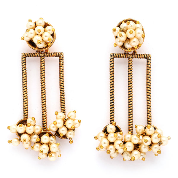 Gold Plated White Pearl Beaded Drop Earrings