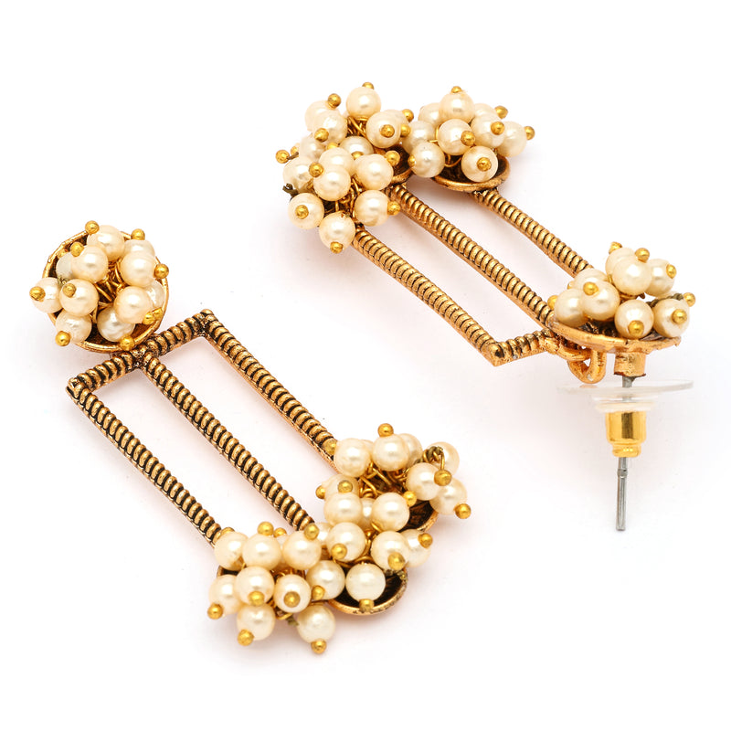 Gold Plated White Pearl Beaded Drop Earrings
