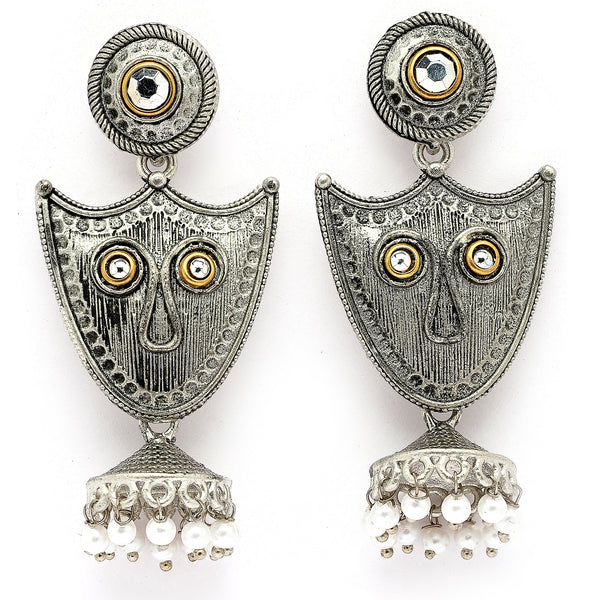 Oxidised Silver Toned Pearl Beaded Tribal Boho Style Earrings