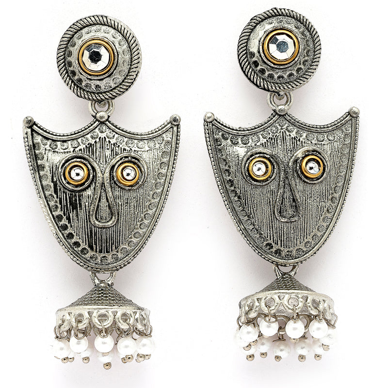 Oxidised Silver Toned Pearl Beaded Tribal Boho Style Earrings