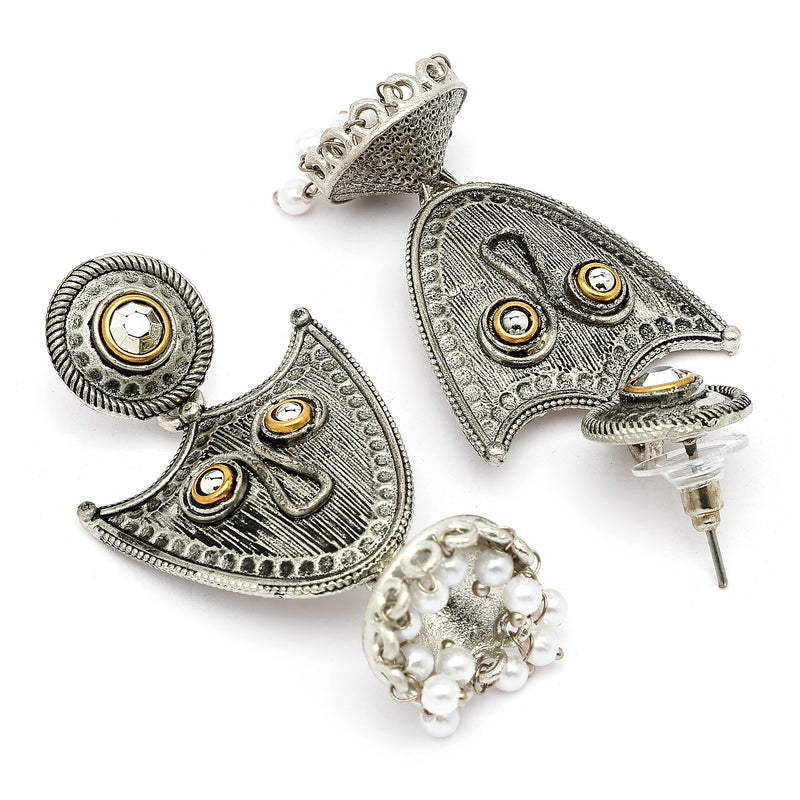 Oxidised Silver Toned Pearl Beaded Tribal Boho Style Earrings