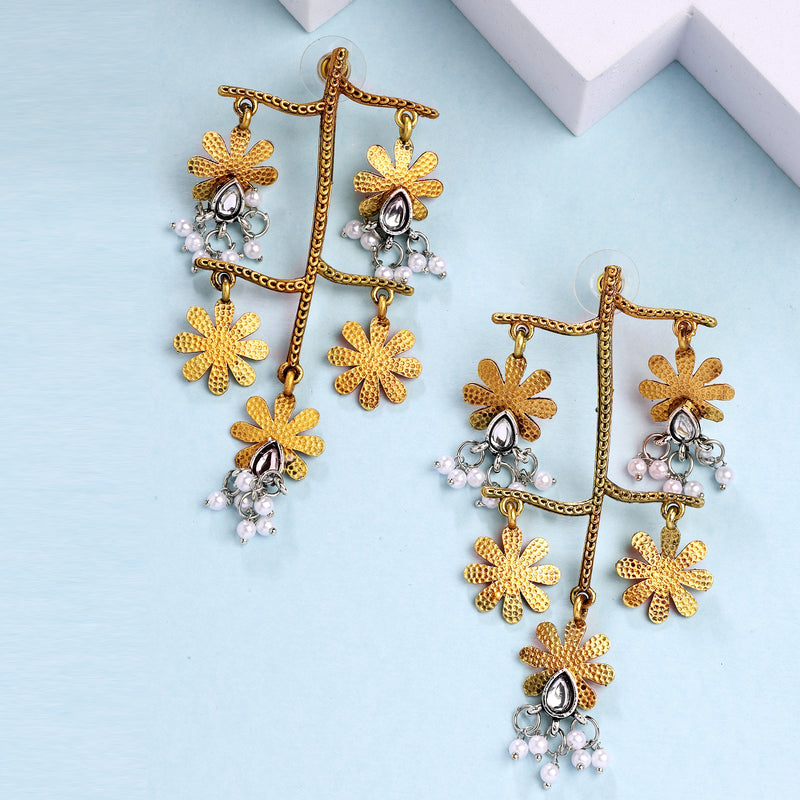 Gold Plated Oxidised Dual Toned Floral Shaped Pearl Beaded Dangler Earrings