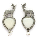 Oxidised Silver Toned Deer Shaped Gray CZ Stone Studded Pearl Beaded Earrings