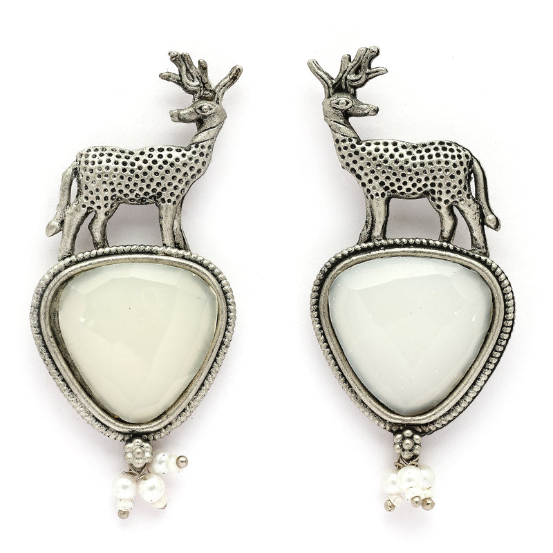 Oxidised Silver Toned Deer Shaped Gray CZ Stone Studded Pearl Beaded Earrings