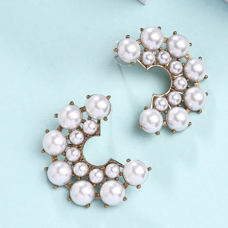 Gold Plated Pearl Studded Semi Circle Shaped Stud Earrings