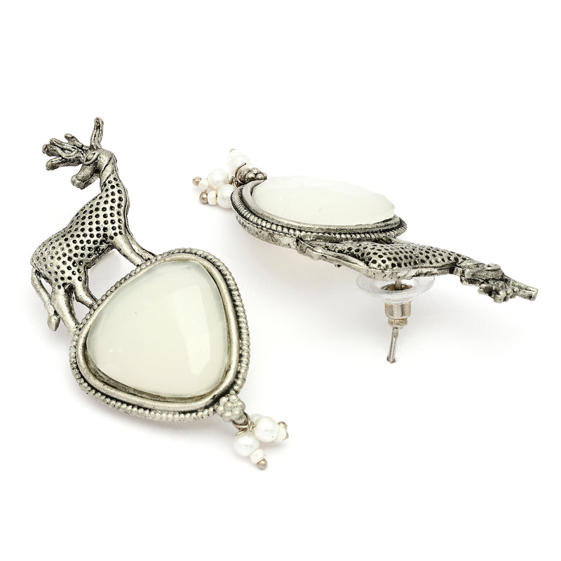 Oxidised Silver Toned Deer Shaped Gray CZ Stone Studded Pearl Beaded Earrings