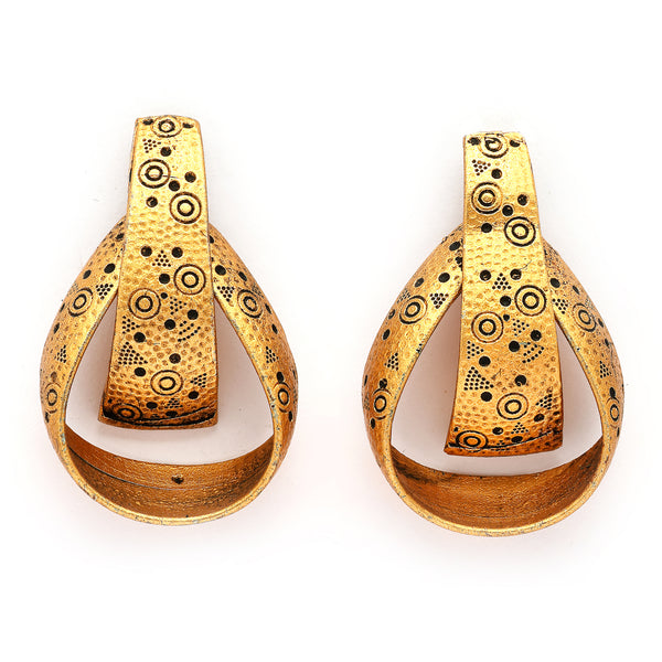 Gold Plated Unique Engraved Design Tribal Style Drop Earrings
