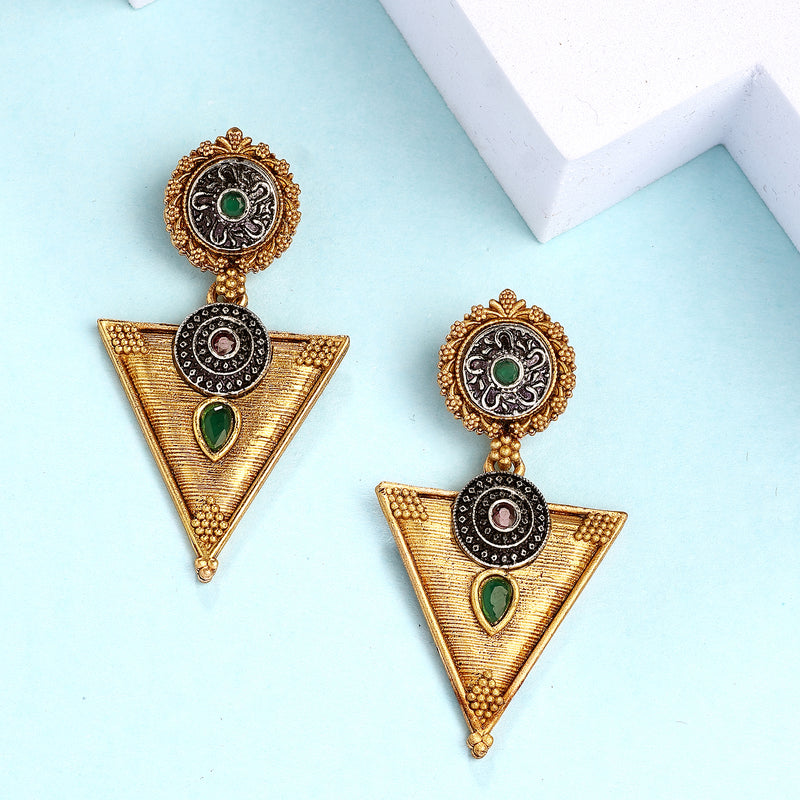 Oxidised Gold Plated Triangle Shaped Green CZ Studded Earrings