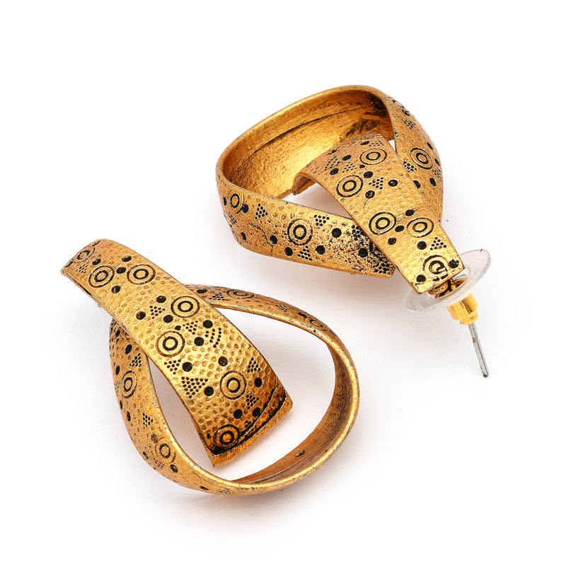 Gold Plated Unique Engraved Design Tribal Style Drop Earrings