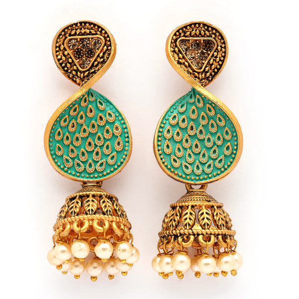 Traditional Gold Plated Pearl Shaped Blue Twist Drop Shaped Statement Jhumka Earrings