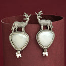 Oxidised Silver Toned Deer Shaped Gray CZ Stone Studded Pearl Beaded Earrings