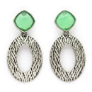 Oxidized SIilver Toned Oval Shaped Green Cubic Zirconia Studded Earrings