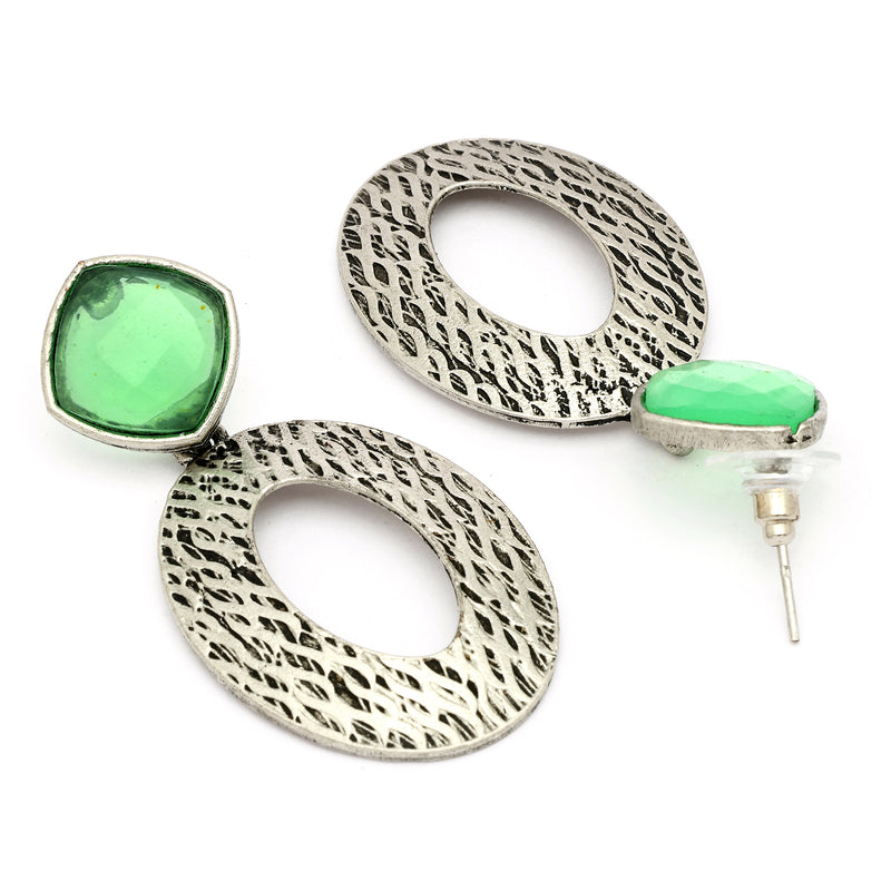 Oxidized SIilver Toned Oval Shaped Green Cubic Zirconia Studded Earrings