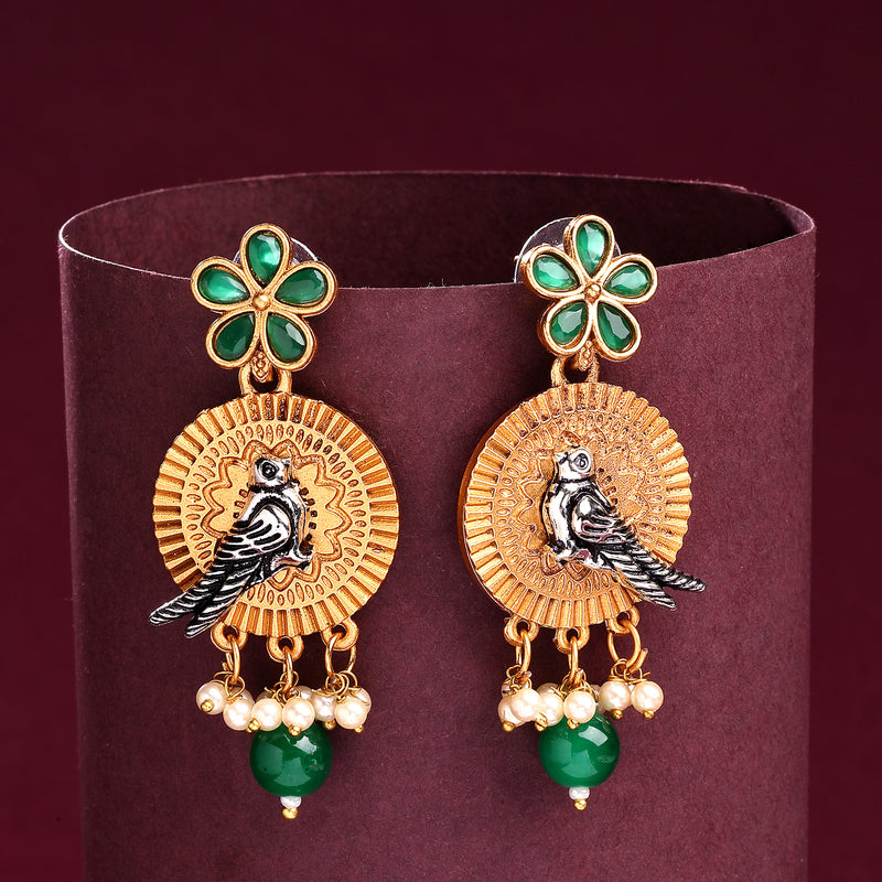 Gold Plated Bird Shaped Pink CZ Studded Pearl Beaded Earrings