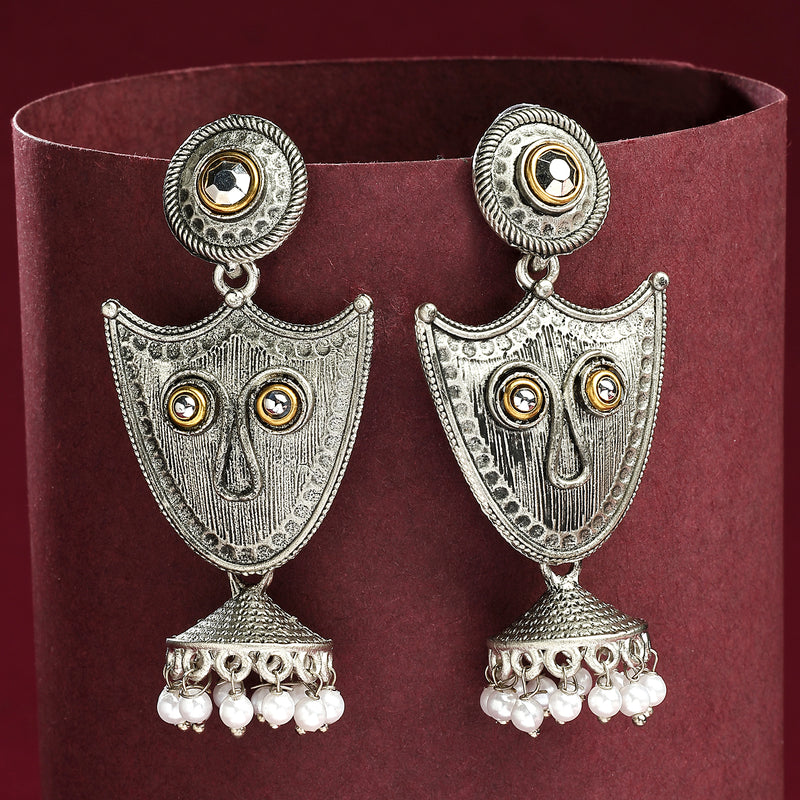 Oxidised Silver Toned Pearl Beaded Tribal Boho Style Earrings