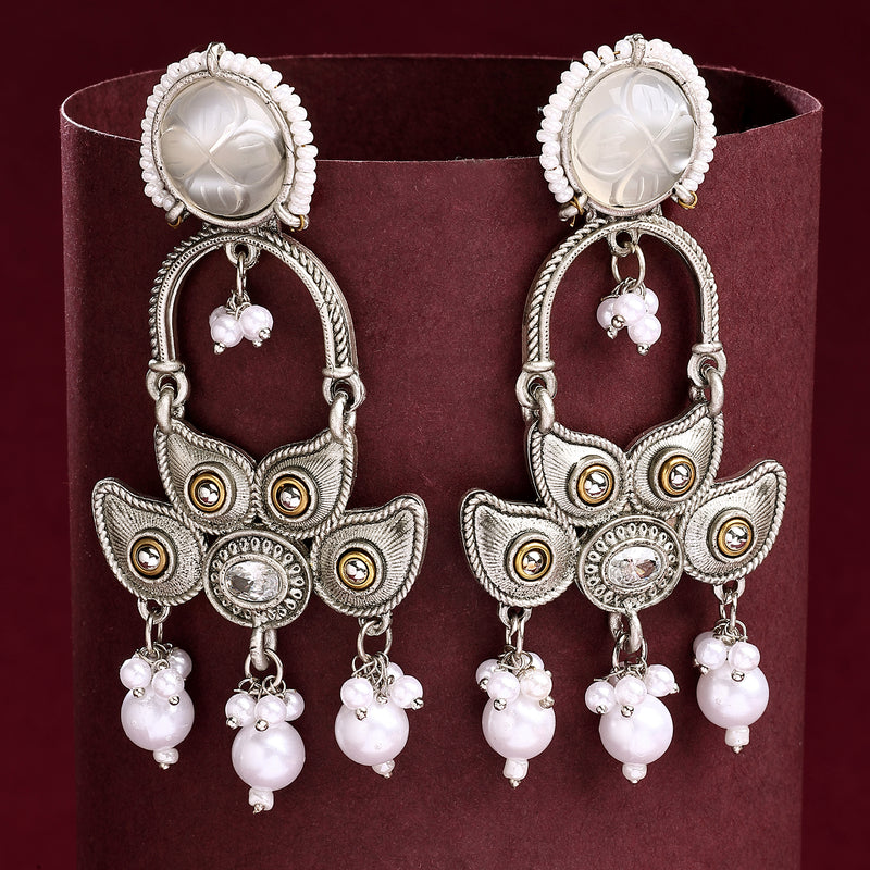 Oxidised Floral Shaped Gray CZ Studded And Pearl Beaded Dangler Earrings