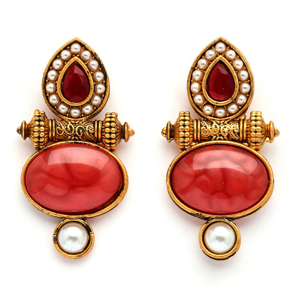 Traditional Gold Plated Oval Shaped Red Stone And Pearl Studded Earrings