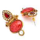 Traditional Gold Plated Oval Shaped Red Stone And Pearl Studded Earrings